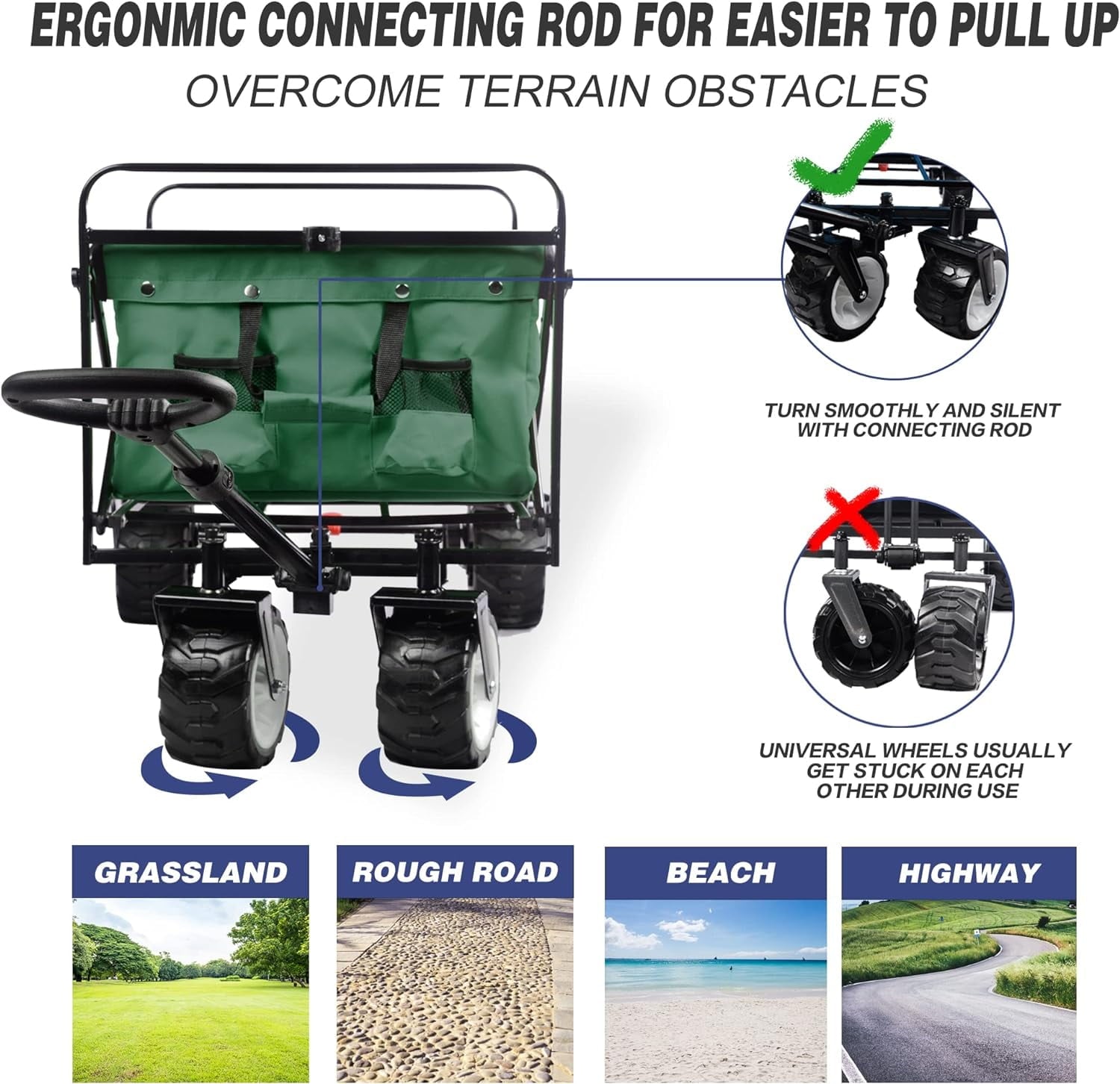 COOKCOK Collapsible Wagon Cart, 350 Pound Capacity Heavy Duty Enlarged Utility Folding Beach Garden Wagon Cart with Cooler Bag & Big Wheels for Outdoor Camping Shopping, Green