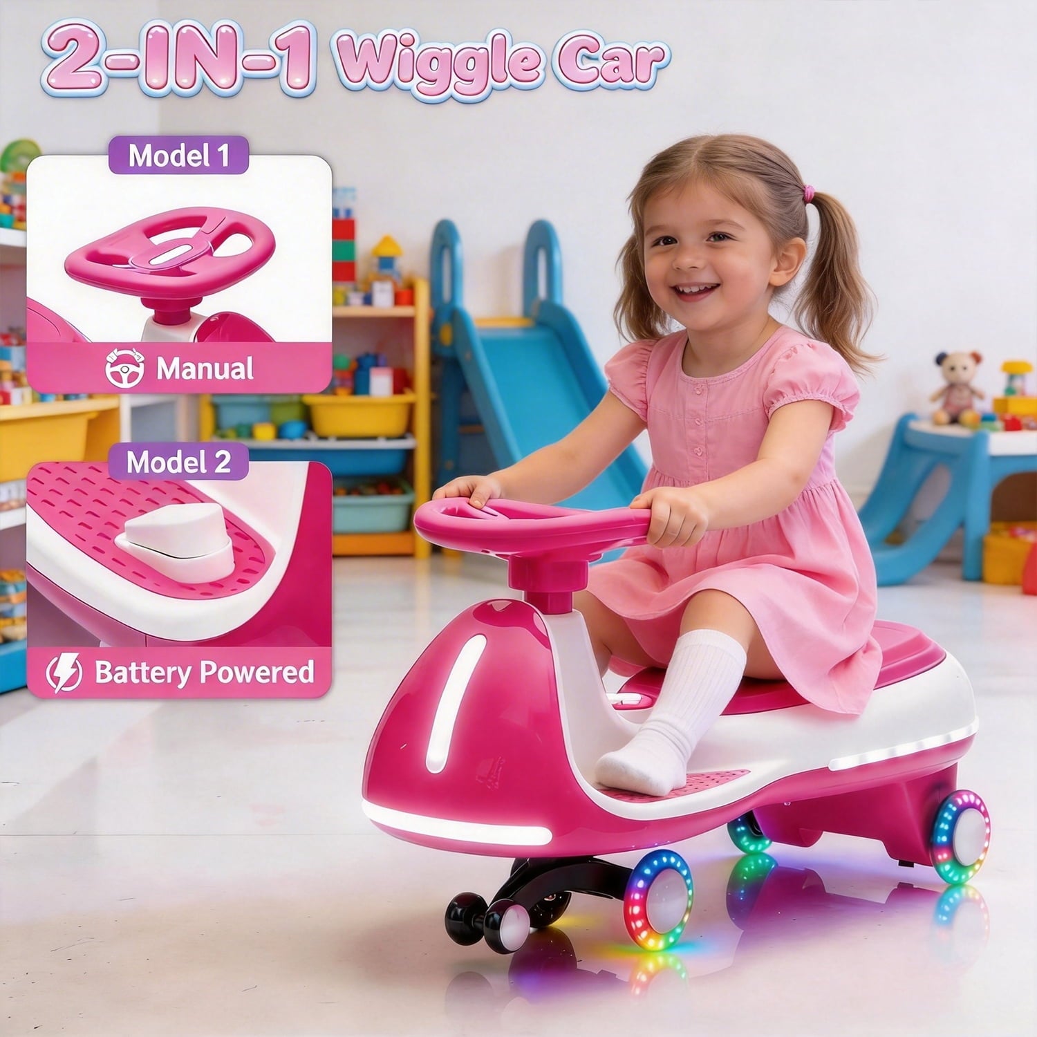 Track Seven 12V Electric Wiggle Car with Pedal, 2 in 1 Swing Car, Bluetooth, LED Lights, Flashing PU Wheels, Max Speed 5 Mph, Anti-Rollover, 12V Ride on Toy Car for Kids Toddlers Aged 3+