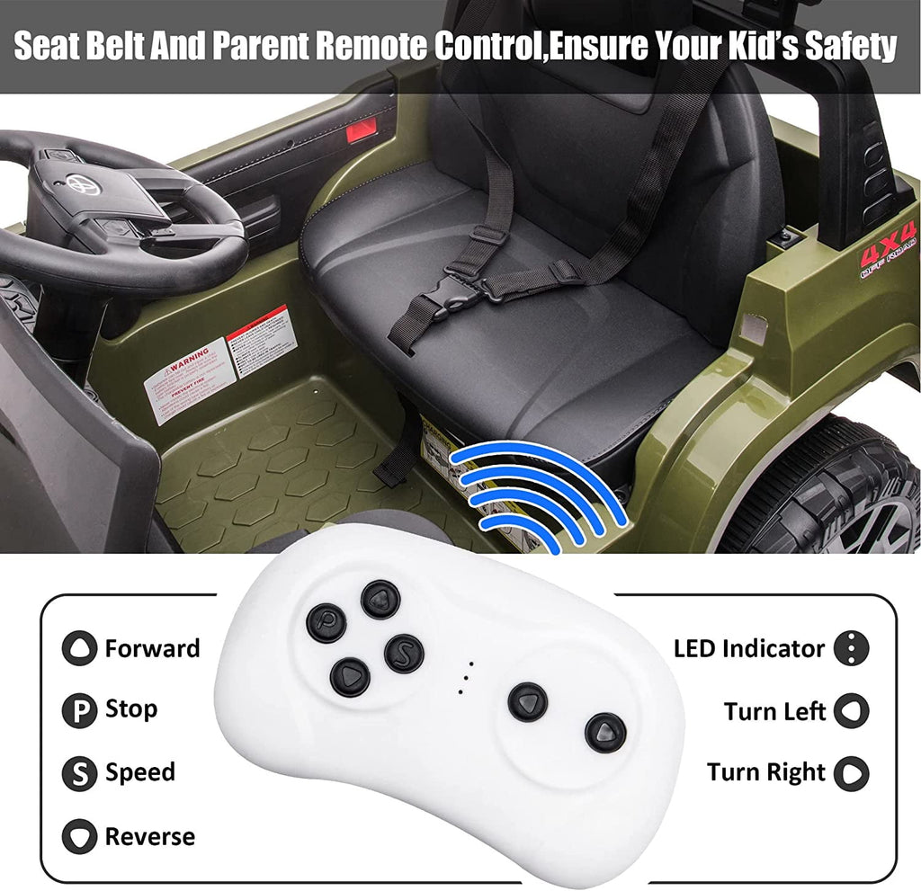 Track 7 Ride on Car with Remote Control, 12V Toyota Tacoma Electric Car for Boys Girls Age 3+, AUX/FM/USB, Storage Truck, Green