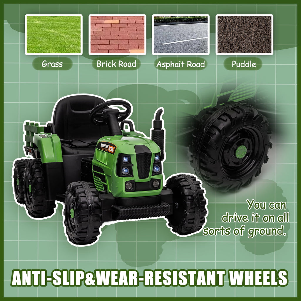 SUSIELADY 12V Kids Ride On Tractor with Trailer, with Parent Remote Control, 3 speed adjustable, with USB, MP3, Bluetooth, LED light, Two-point Safety Belt, for Kids 3+