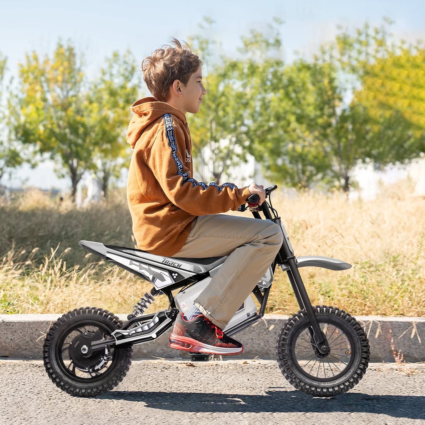 Track Seven 36V Electric Dirt Bike, 350W Ride on Motorcycle with Twist Grip Throttle, Hand-Operated Dual Brakes, for Age 8-12, White