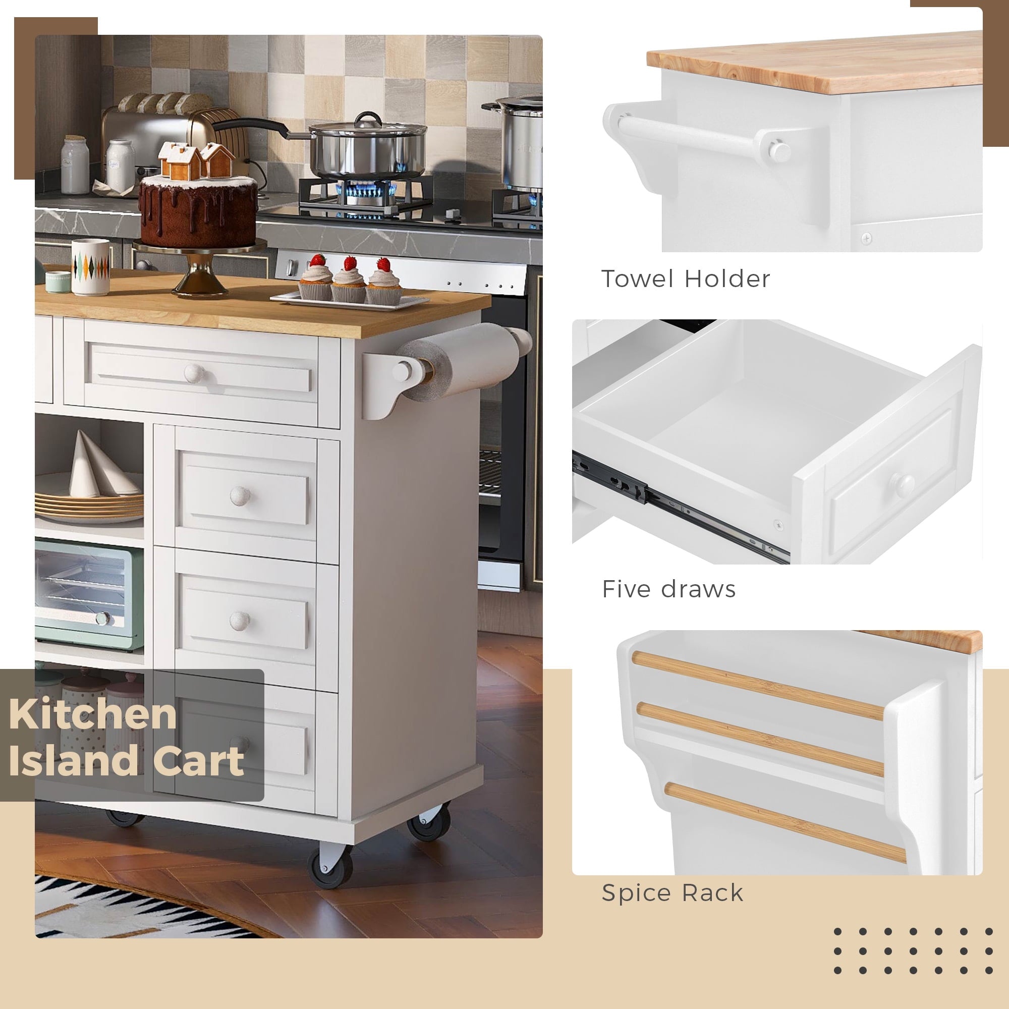 COOKCOK Kitchen Cart with Wood Countertop, Rolling Mobile Kitchen Island Cart with 5 Drawers, Open Storage Shelves, Towel Rack, 53" Width, White