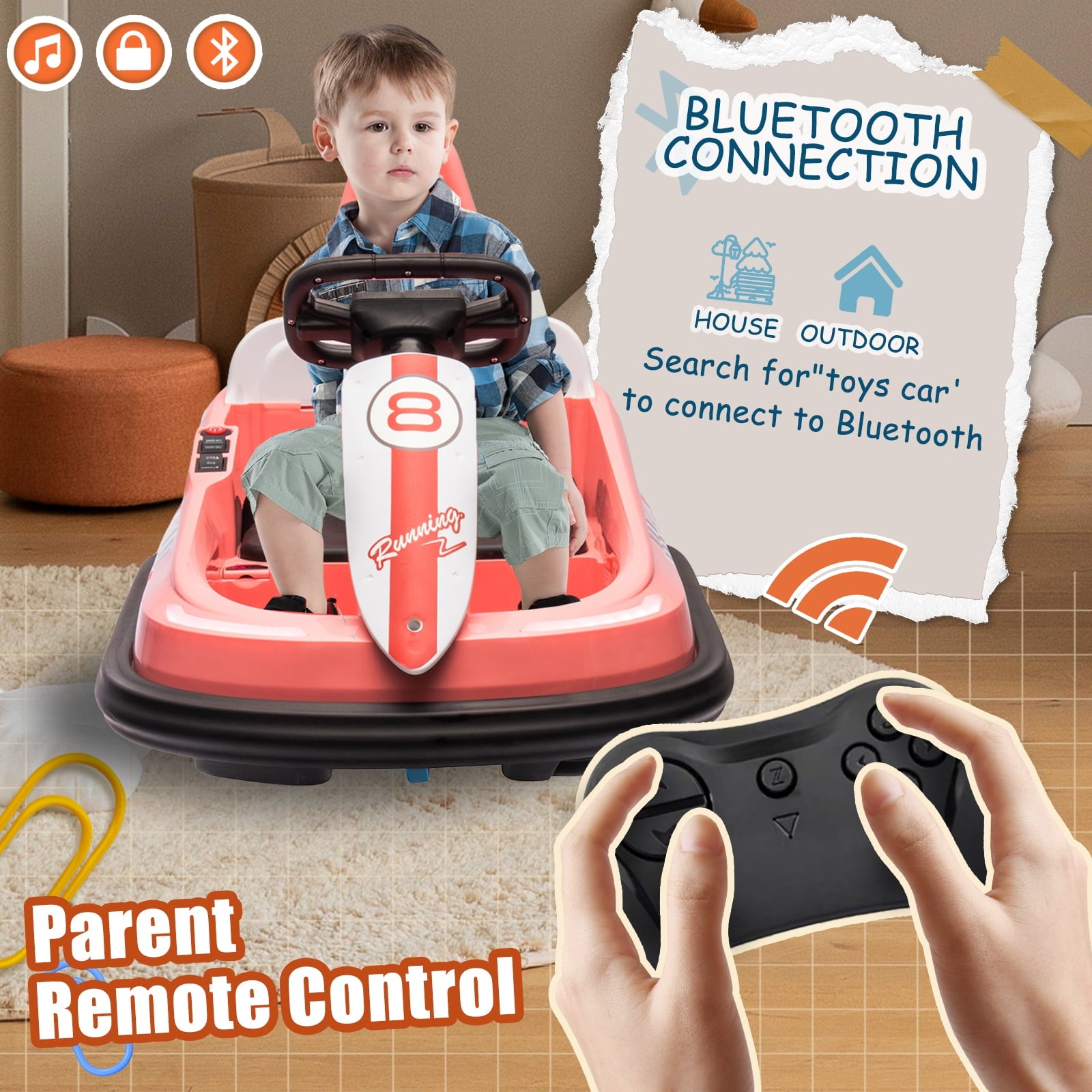 Track 7 6V Kids Ride On Bumper Car, Electric Toddles Ride On Car with Remote Control, 2 Driving Modes for Kids with Three Speed Adjustable, LED Lights, Horn, Bluetooth, Pink