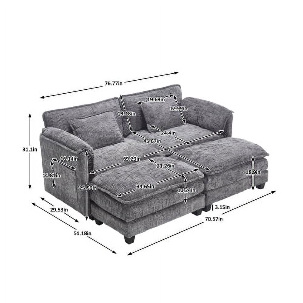 COOKCOK Deep Seat Loveseat with 2 Ottomans, Sectional Loveseat Couch Modular Sofa, Modern Double Layer Upholstered Loveseat Sofa, 2 Deep Seater Couch for Living Room, Gray