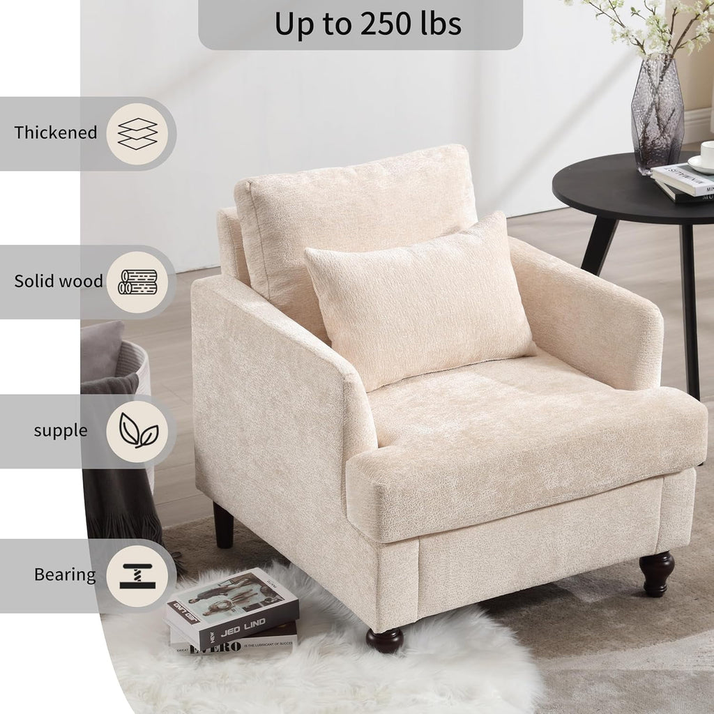BISHE Mid Century Modern Armchair, Solid Wood Frame Accent Chair with Tufted Chenille Upholstery & Studded Details, Comfortable Lounge Chair for Living Room, Bedroom or Reading Nook, Beige