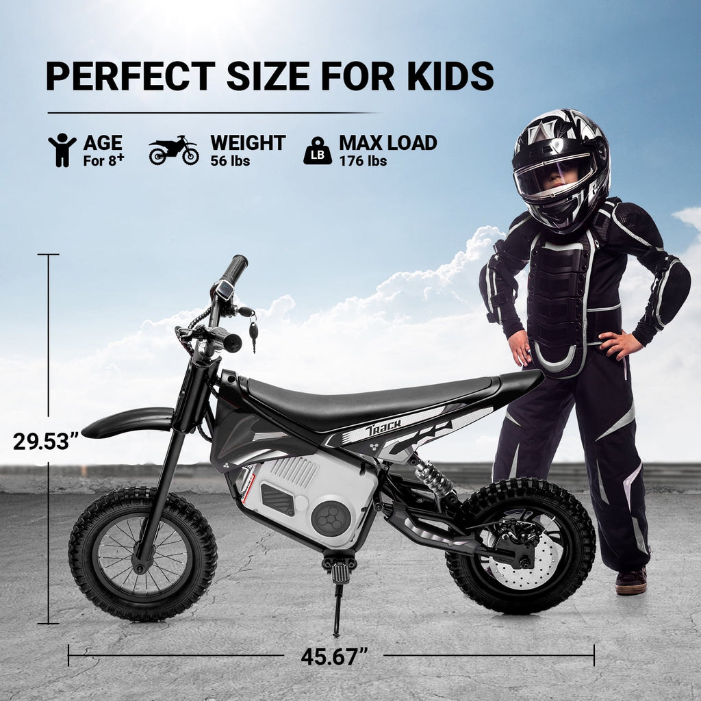 Track 7 36V Electric Dirt Bike, 350W Ride on Motorcycle with Twist Grip Throttle, Hand-Operated Dual Brakes, for Age 8-12, Black