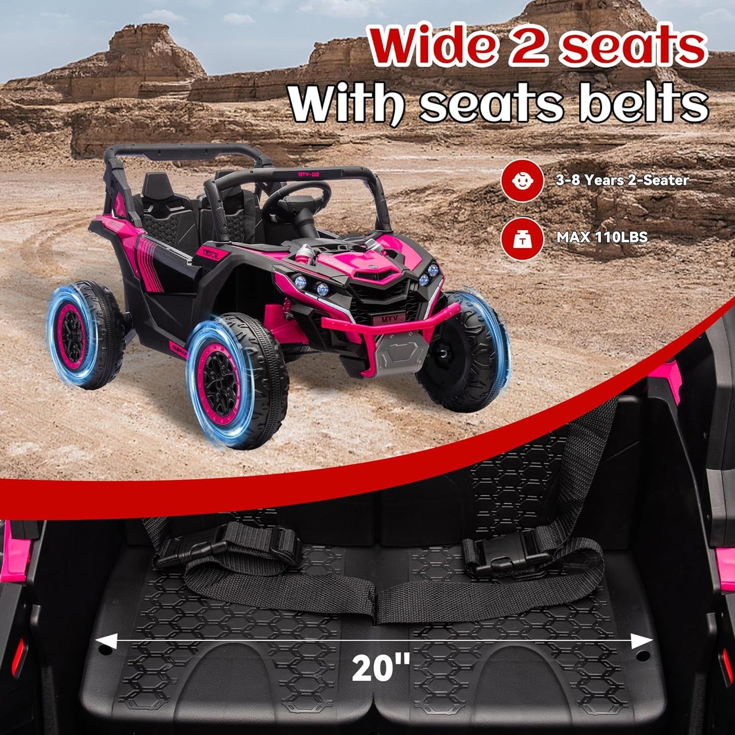 Track 7 24V 2-Seater Ride on UTV, 20" Large Seat, 2 x 200W Powerful Motors, 4.5 mph Max Speed, Ride on Car w/Remote Control, MP3, Lights, Battery Powered Electric Car for Boys Girls Age 3+, Blue