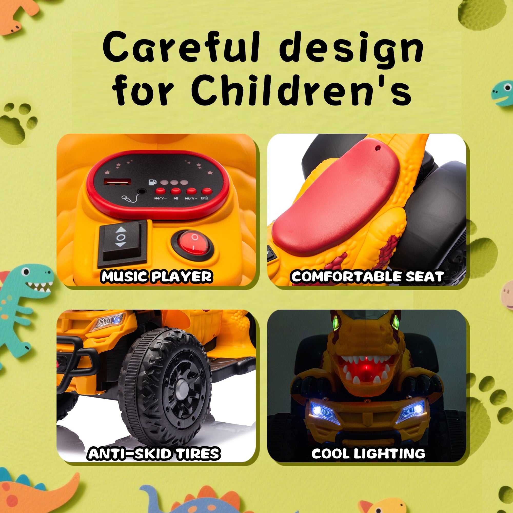 Track Seven 12V Electric Ride-On ATV, Dinosaur Four Wheeler Electric Car with Bluetooth, LED Lights, Music, Electric Quad Ride-On Toy Car for Toddlers Boys Girls Age 2+
