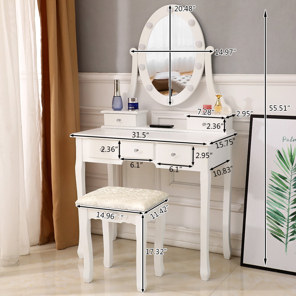 COOKCOK Vanity Set with Lighted Mirror, Vanity Dressing Table, 5 Drawer with 2 Dividers Removable Organizer, Makeup Table and Cushioned Stool Set with 10 LED Bulb, White