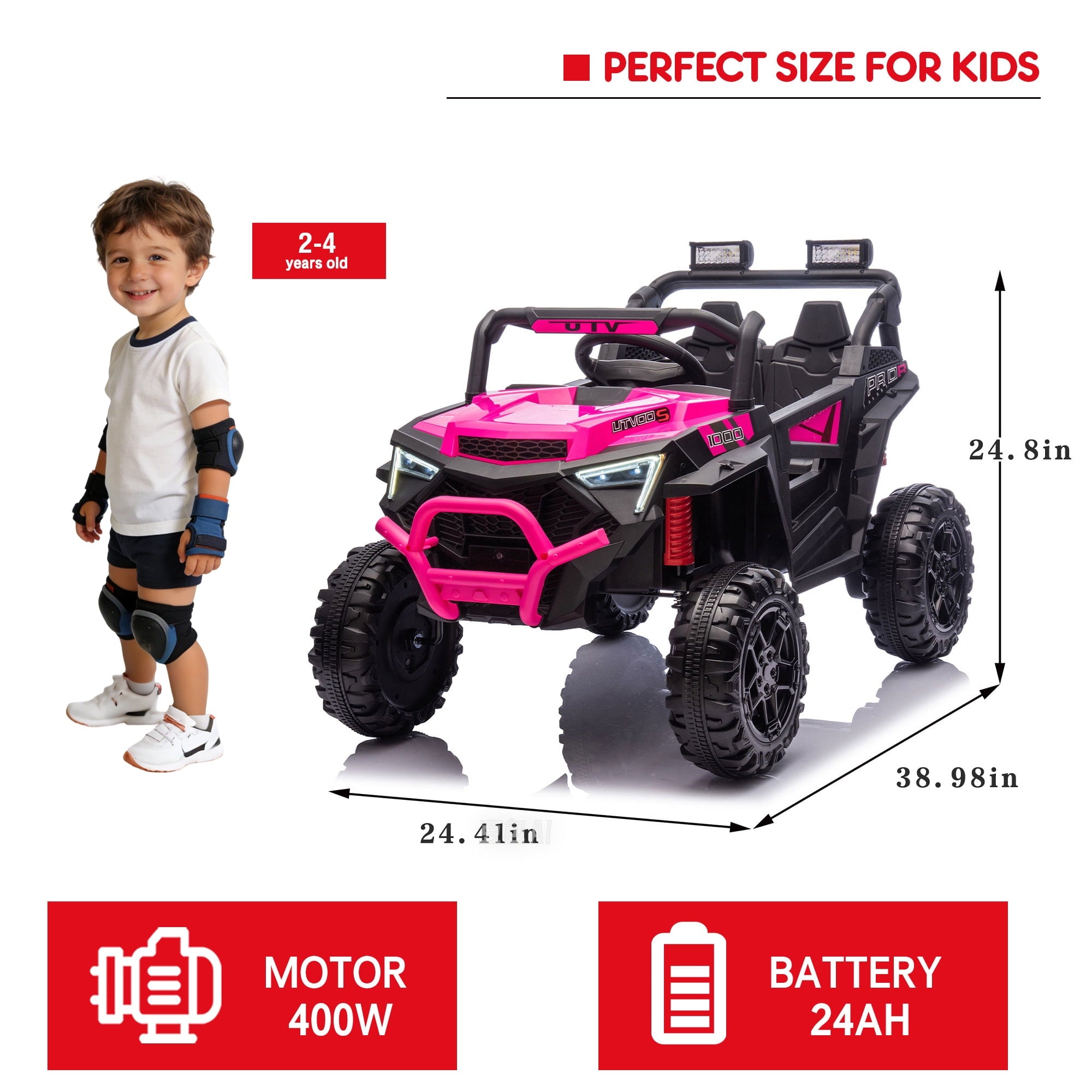Track Seven 24V Ride on Car, 2WD Electric Off-Road UTV Truck w/ 400W Motors, Remote Control, Large Seat, Bluetooth, Lights, Power Display, Portable Handle, Electric Car for Boys Girls Aged 3+,