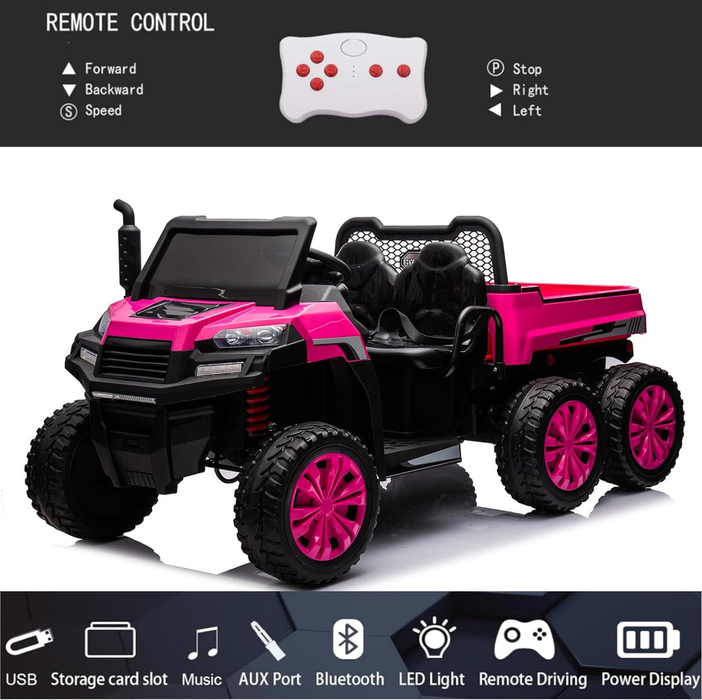 Track 7 24V Ride on Car, 2-Seater Ride On Dump Truck, 6 Wheels Electric Car with Remote Control, Music, Shift Lever, off-Road Ride on UTV, Pink