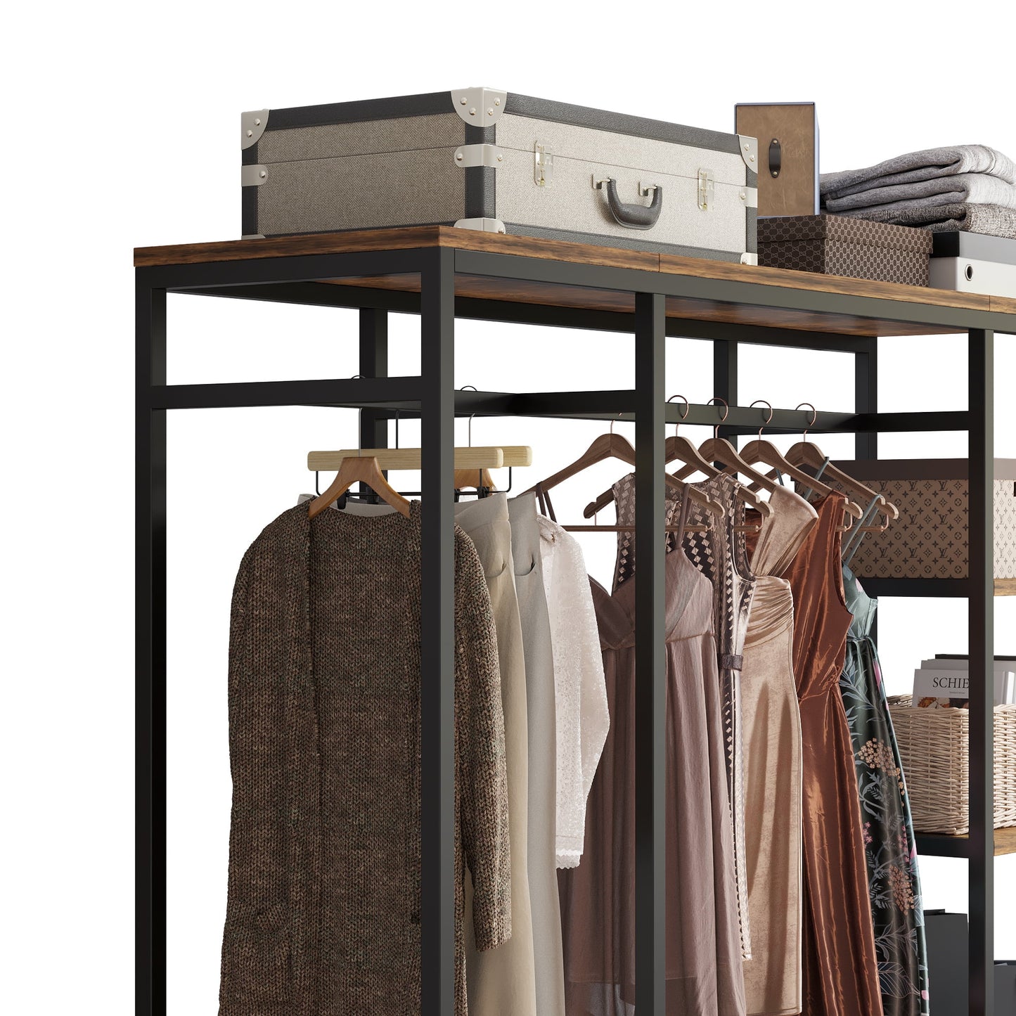 COOKCOK Metal Garment Rack Heavy Duty Clothing Rack with Shelves Freestanding Closet Organizer, Non-Woven Drawer