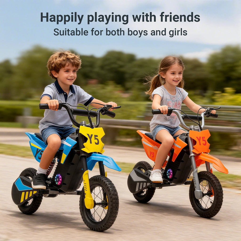 Track Seven 24V Electric Dirt Bike, 250W Ride on Motorcycle, 3 Speed Up-to 9.3 mph, Battery Display, Rear Suspension, Disc Brake, Bluetooth, LED Light, Electric Motocross Bike for Kids Age 8+, Orange