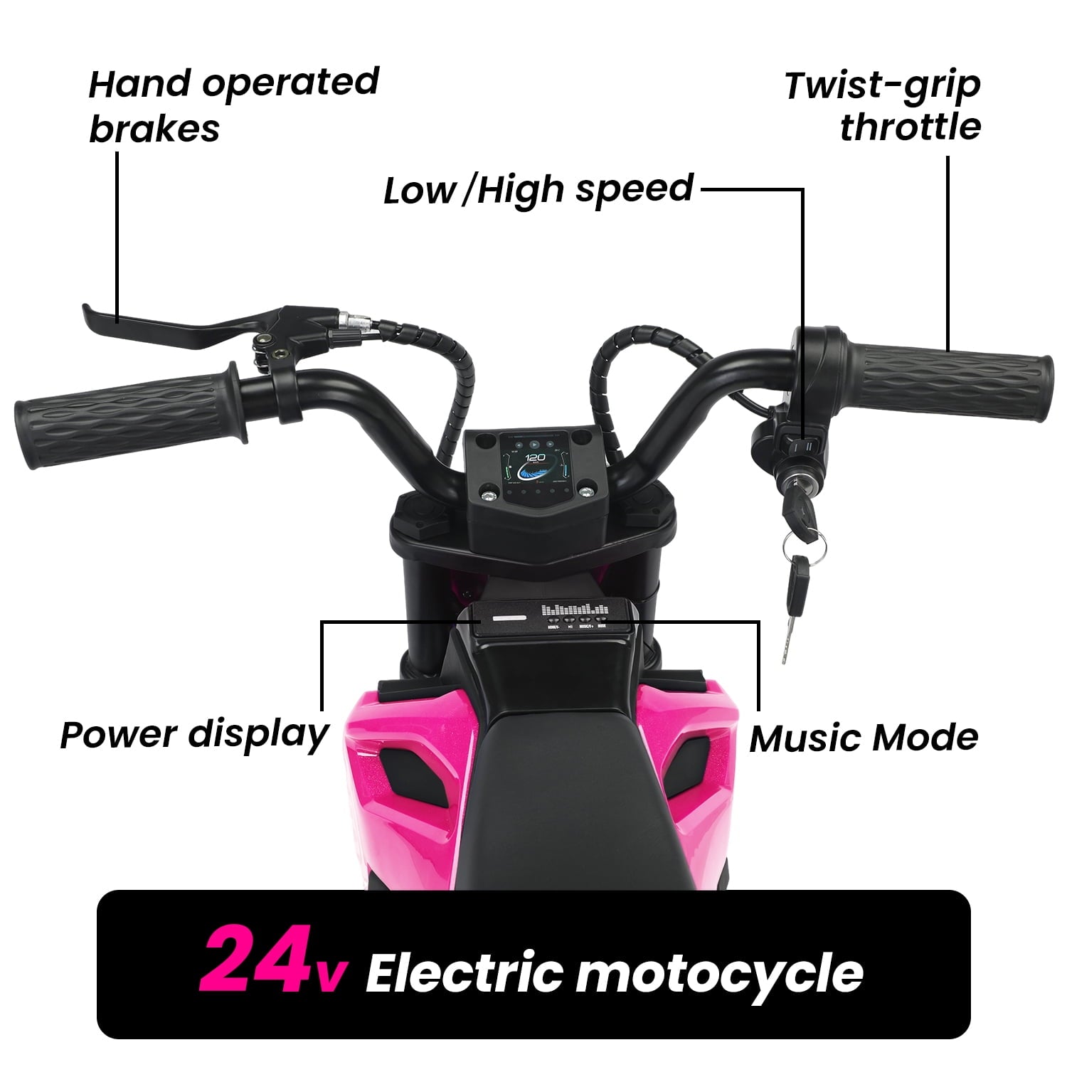 Track Seven 24V Electric Dirt Bike, 200W Motocross Ride on Motorcycle with Hand Operated Brakes, Adjustable Speed, LED Lamp, Music, Max Speed 10mph, Electric Motorcycle for Kids Age 5+, Pink