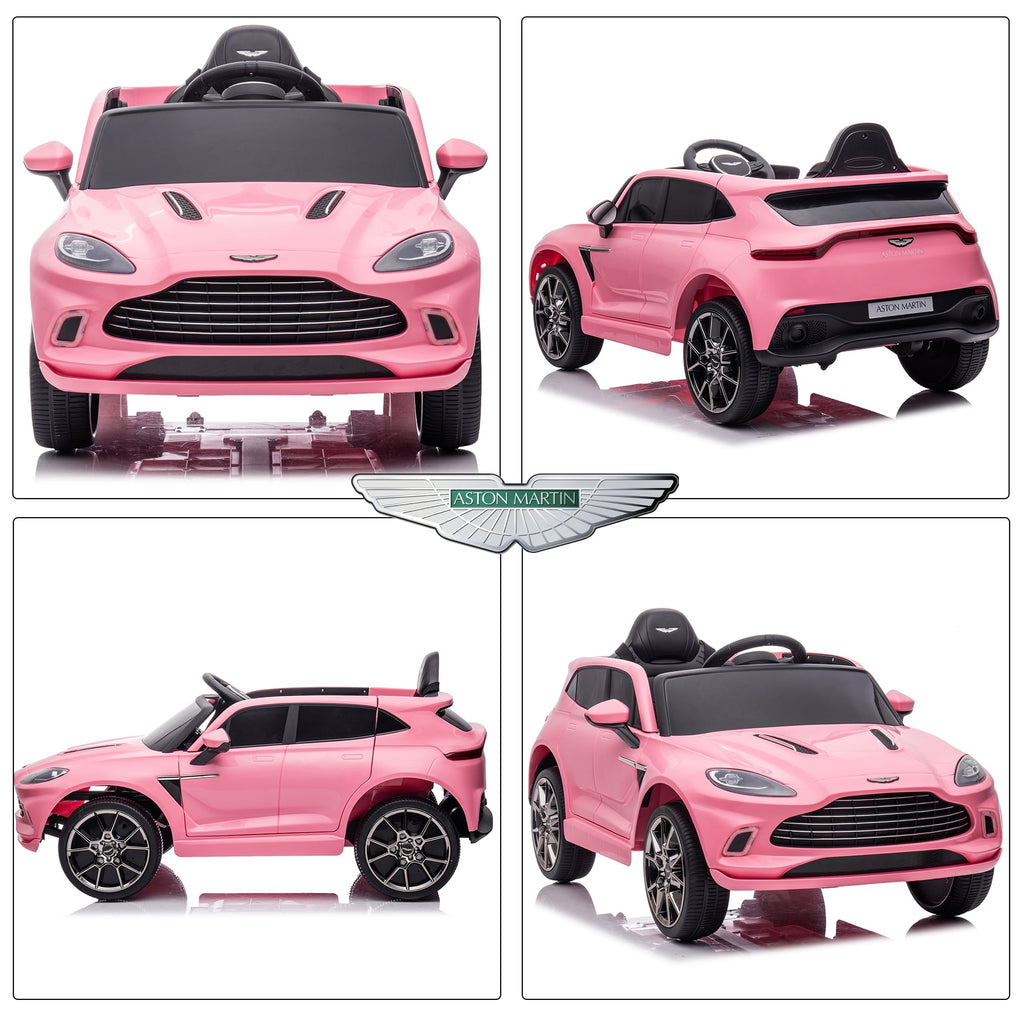 Track 7 12V Kids Ride on Car, Licensed Aston Martin Electric Car for Boys Girls Age 3+, Remote Control, Music, USB, Portable Handle, Pink