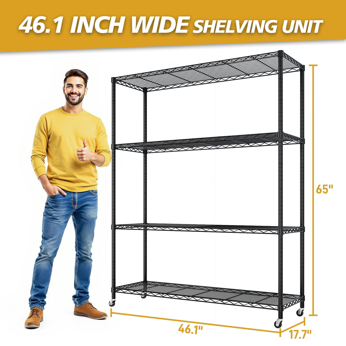 COOKCOK 4-Tier Heavy Duty Wire Shelving Unit with Wheels 46"W x 18"D x 65"H, Adjustable Garage Storage 800LBS, Black