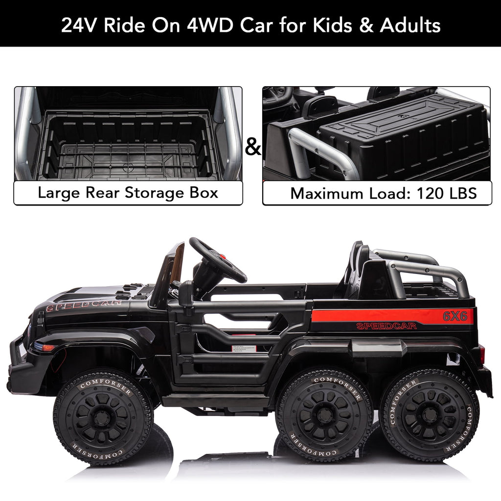 Track 7 24V Ride on Car, 4WD Electric Car for Boys Girls Age 3+, 6 Wheels Ride on Car with Remote Control, Music, Lights, Rocking Mode, Storage Box, Black