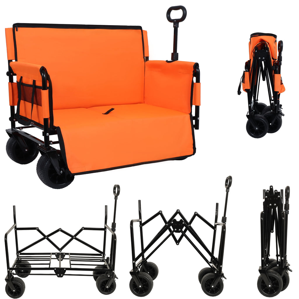 COOKCOK 3-in-1 Convertible Folding Wagon Cart with Bench Seat, 500lbs Heavy Duty Utility Wagon with Adjustable Handle, 180L Capacity All-Terrain Wheels for Camping, Beach, Garden, Dark Blue