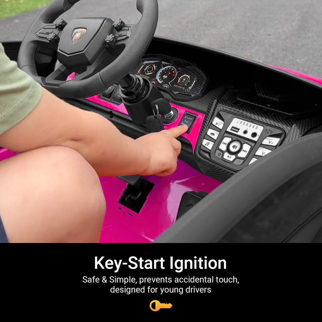 Track Seven 24V 2-Seater Ride on Car, Licensed Lamborghini Revuelto Electric Car with Remote Control, Music, LED Lights, Key Start, Spring Suspension, Max Speed 4.3mph, 24V Ride on Toy Car, Pink