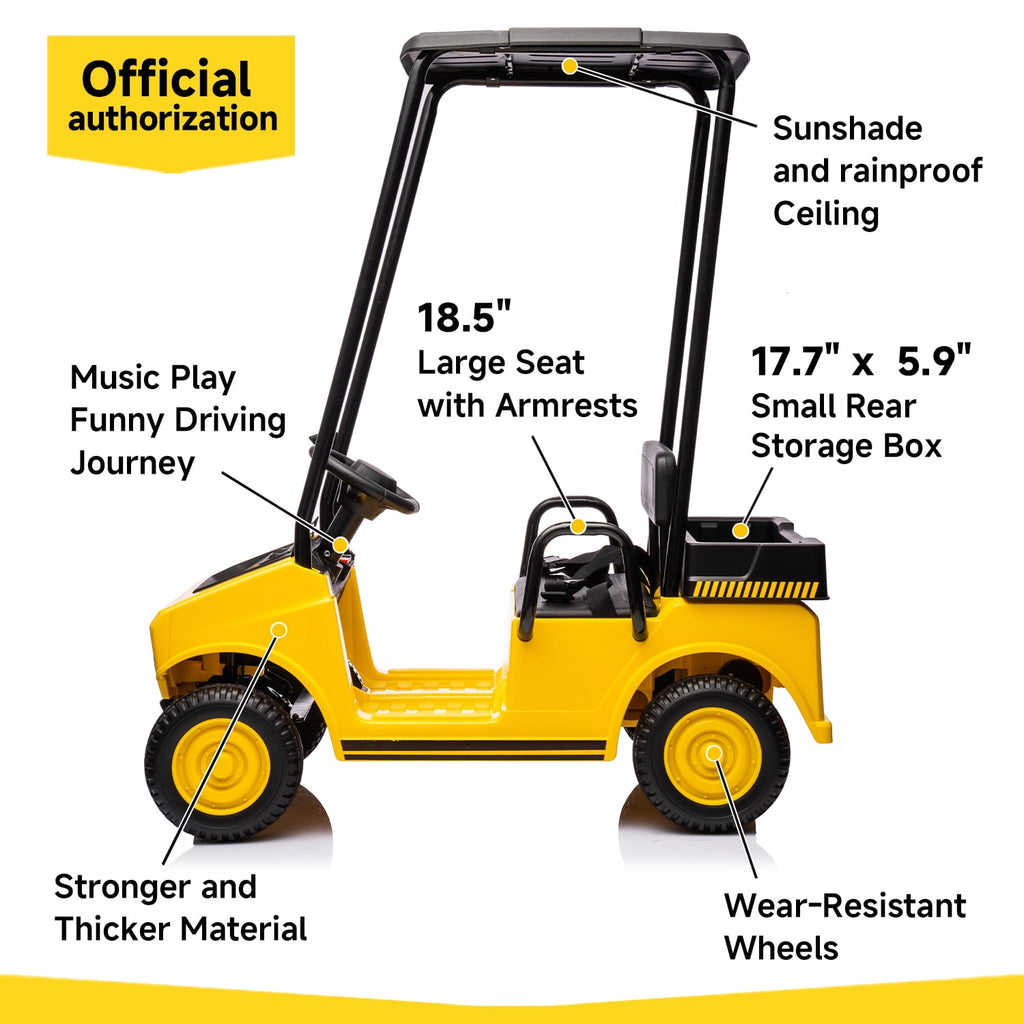 Track 7 24V Ride on Car, Electric Golf Cart with Ceiling, Ride on Truck with Remote Control, Music, Rear Storage Box, Electric Car for Boys Girls Age 3+, 18.5" Large Seat with Armrests, Yellow