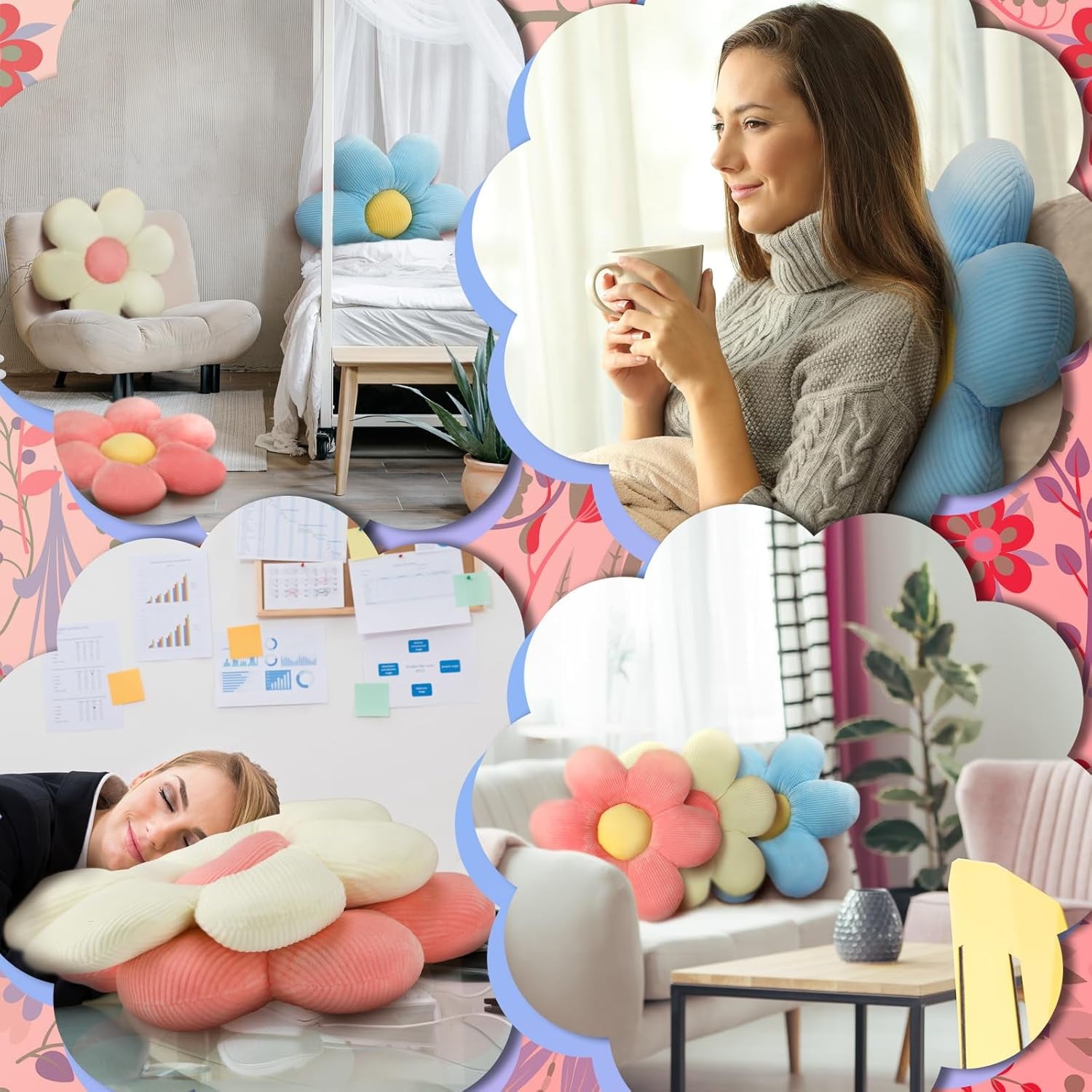 COOKCOK 3 Pcs Flower Pillows, 16" Flower Shaped Throw Pillow, Cute Daisy Floor Pillow Seating Cushions for Adults Home Bedroom Sofa Chair Couch