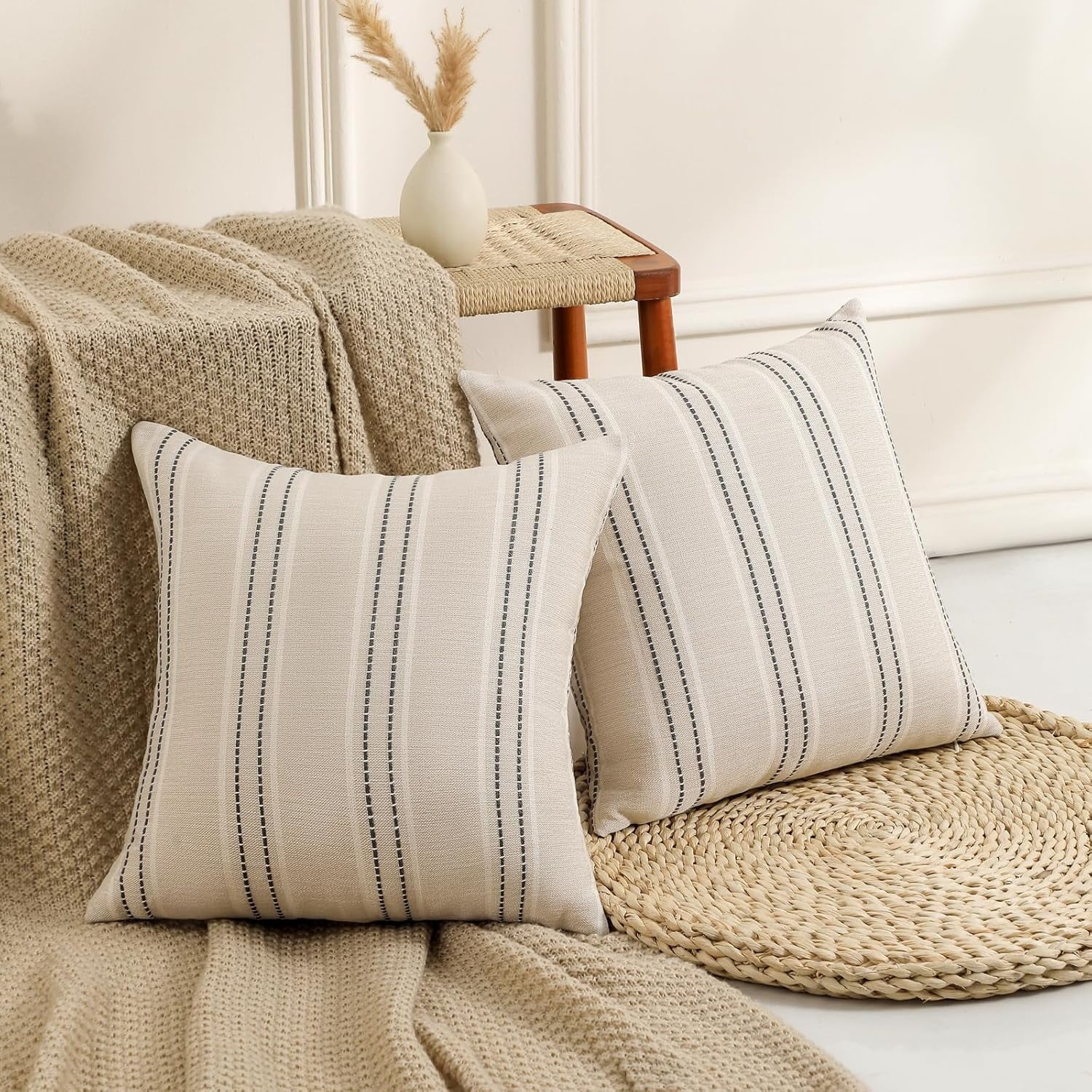 COOKCOK Throw Pillow Covers 20x20 Set of 2 Striped Pillow Covers Textured Linen Decorative Pillows Square Cushion Covers for Sofa Couch Bed Living Room Farmhouse Decor, Grey
