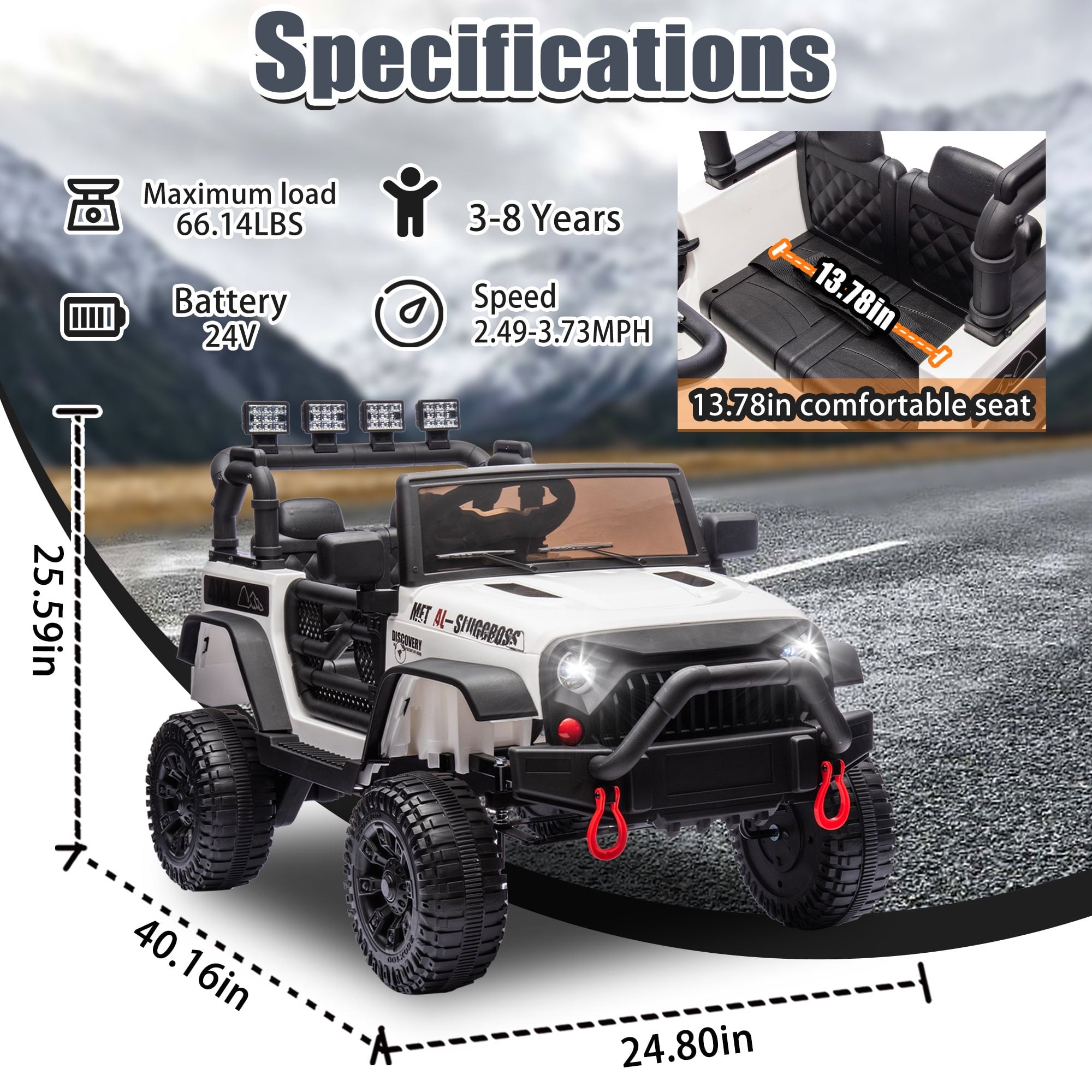 Track 7 24V Ride on Car Truck, Battery Powered Ride on Car with Remote Control,  400W Electric Vehicle w/3 Speeds, Bluetooth, Music Player for Boys Girls Aged 3+, White