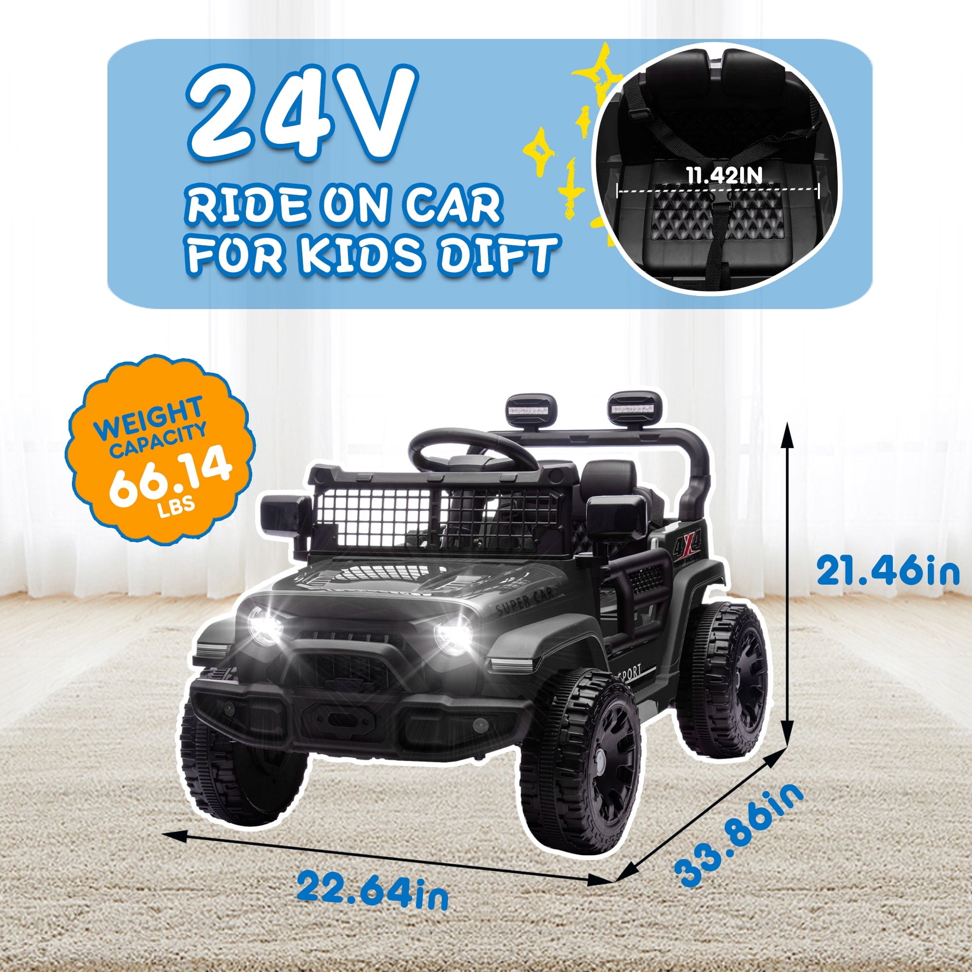 Track 7 24V Kids Ride-On Car with Remote Control, 2WD, Four-Wheel Suspension with Large Wheel Design, Power Display, Bluetooth, MP3 Player, LED Lights, and Speed Control for Ages 2-5, Black