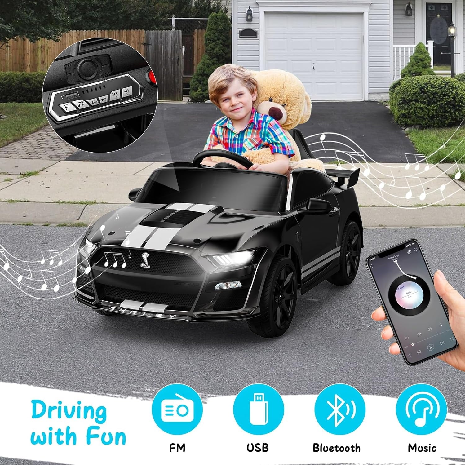 Track 7 12V Ride on Car, Licensed Ford Mustang Shelby GT500 Ride on Car with Remote Control, LED Lights, Music & Bluetooth, Electric Car for Boys Gilrs Age3+， Black