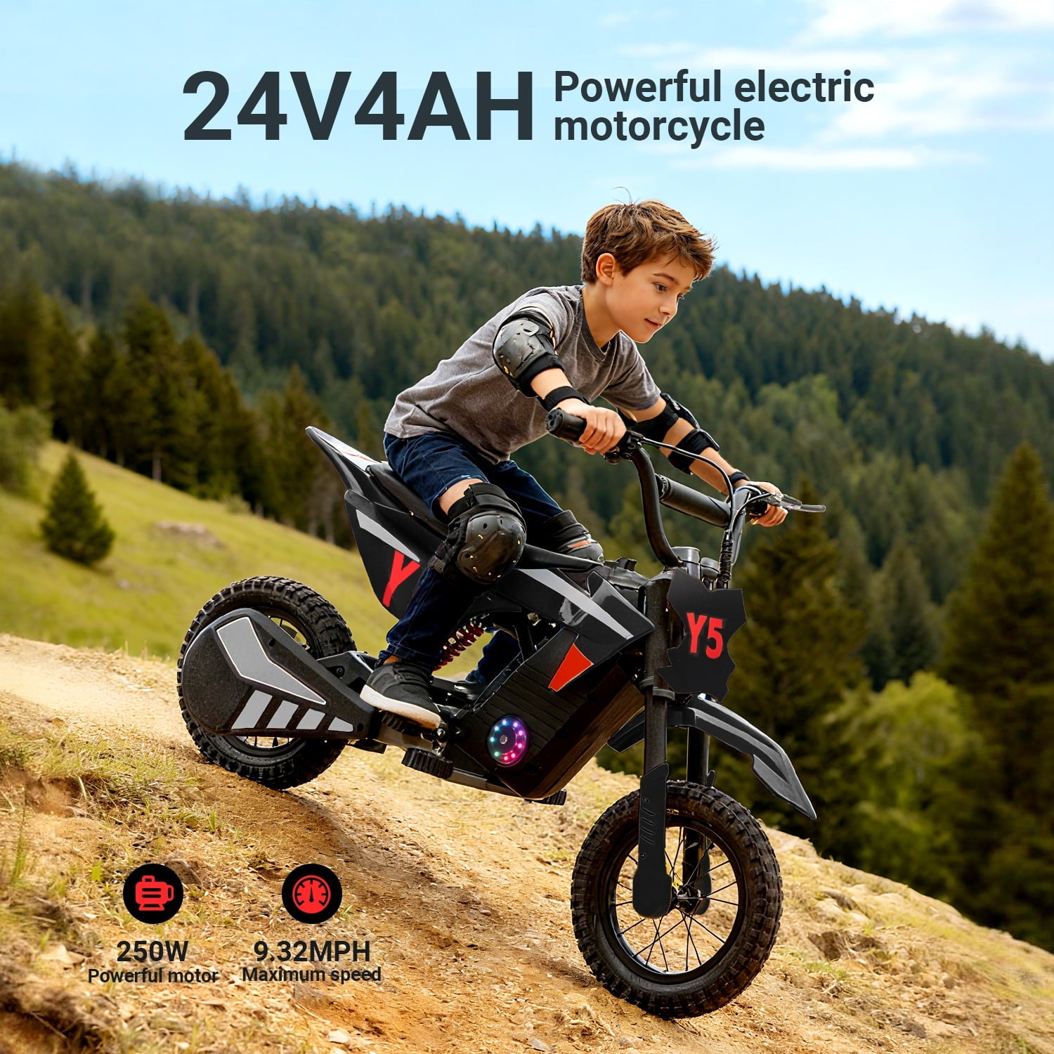 Track Seven 24V Electric Dirt Bike, 250W Ride on Motorcycle, 3 Speed Up-to 9.32 mph, Battery Display, Rear Suspension, Disc Brake, Bluetooth, LED Light, Electric Motocross Bike for Kids Age 8+, Black