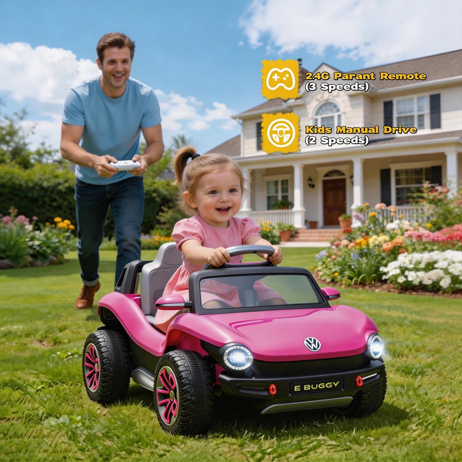 Track Seven 12V Ride on Car, Licensed Volkswagen Beetle Kids Electric Car with Remote Control, Bluetooth, USB, Rear Storage, LED Light, 2WD, Electric Ride on Toy Car for Kids Toddlers Aged 3+