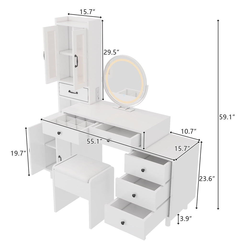 COOKCOK Makeup Vanity Desk with LED Mirror, Retractable Dressing Table with Power Outlets, Vanity Table with Side Cabinet and Nightstand, Storage Shelves, White