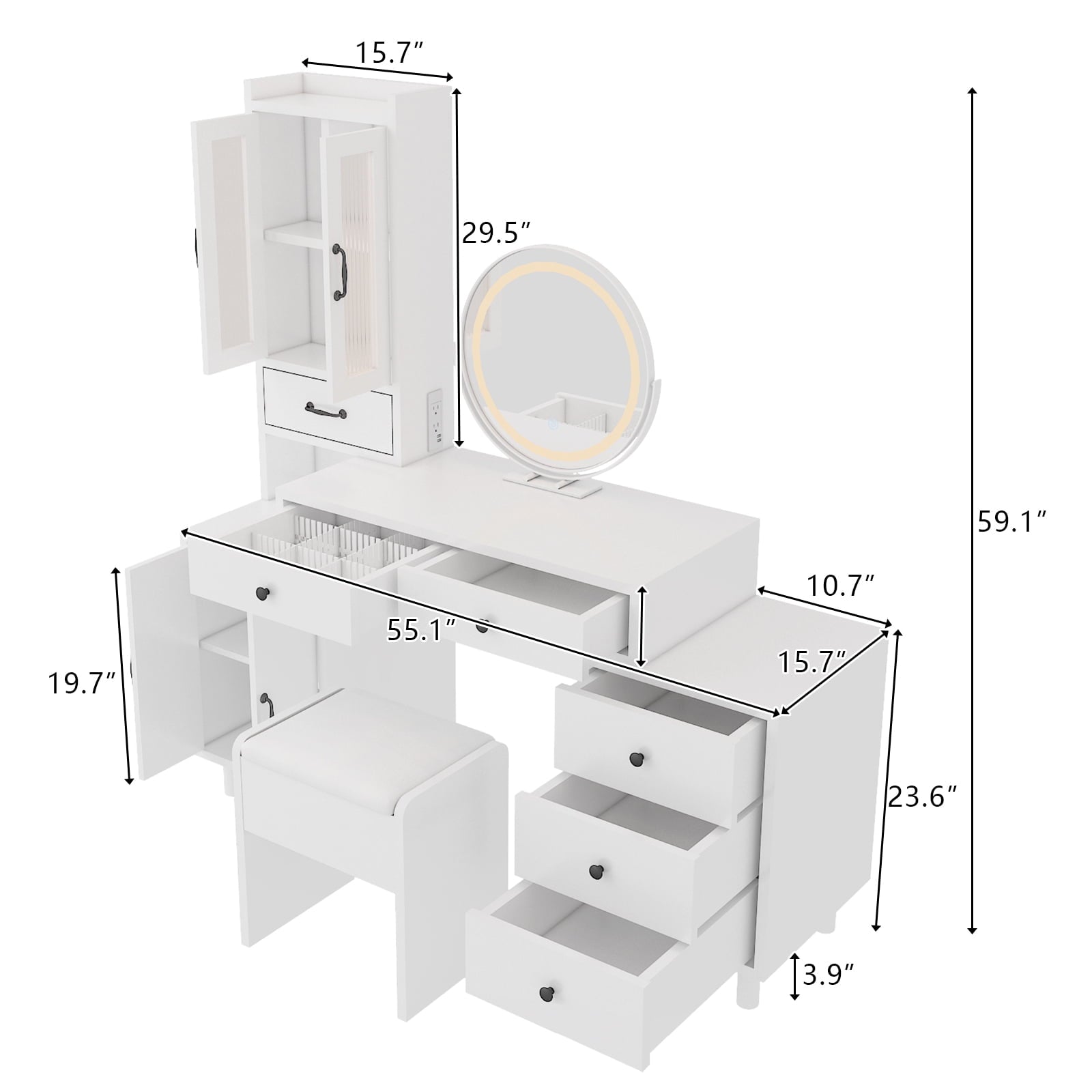 COOKCOK Makeup Vanity Desk with LED Mirror, Retractable Dressing Table with Power Outlets, Vanity Table with Side Cabinet and Nightstand, Storage Shelves, White