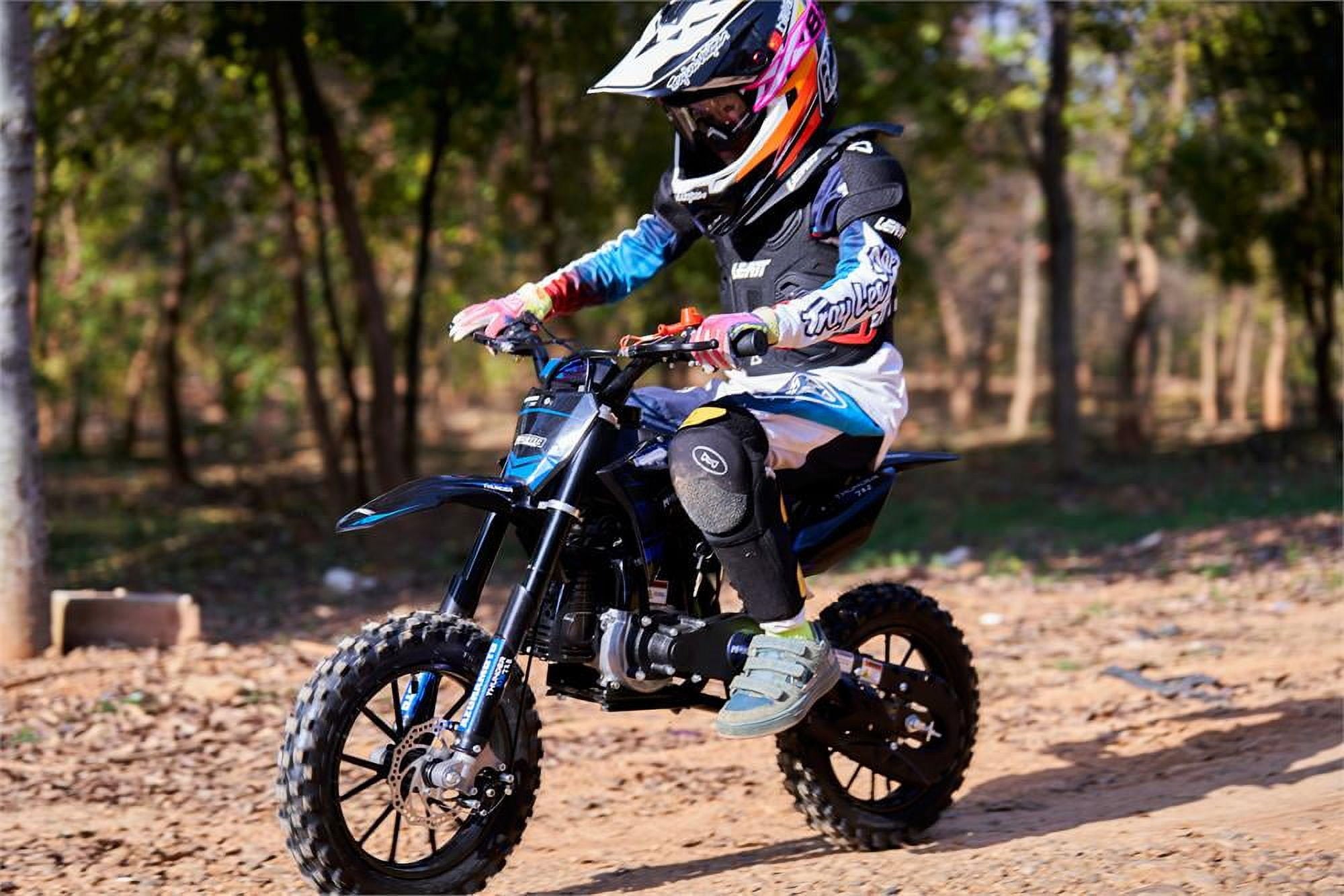 Track 7 50CC 2-Stroke Gas Dirt Bike for Kids, Up to 25 MPH, Mini Dirt Bike with Rear Suspension, Kill Switch, Disck Brakes, 150lbs Max Load, 1.6L Tank, Blue