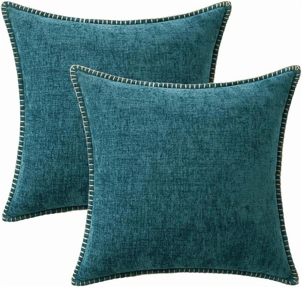 COOKCOK Pack of 2 Christmas Pillow Covers 18x18 Inch Dark Teal Farmhouse Decorative Throw Pillow Covers with Stitched Edge Soft Chenille Solid Dyed Couch Pillow Covers for Sofa Bed Living Room