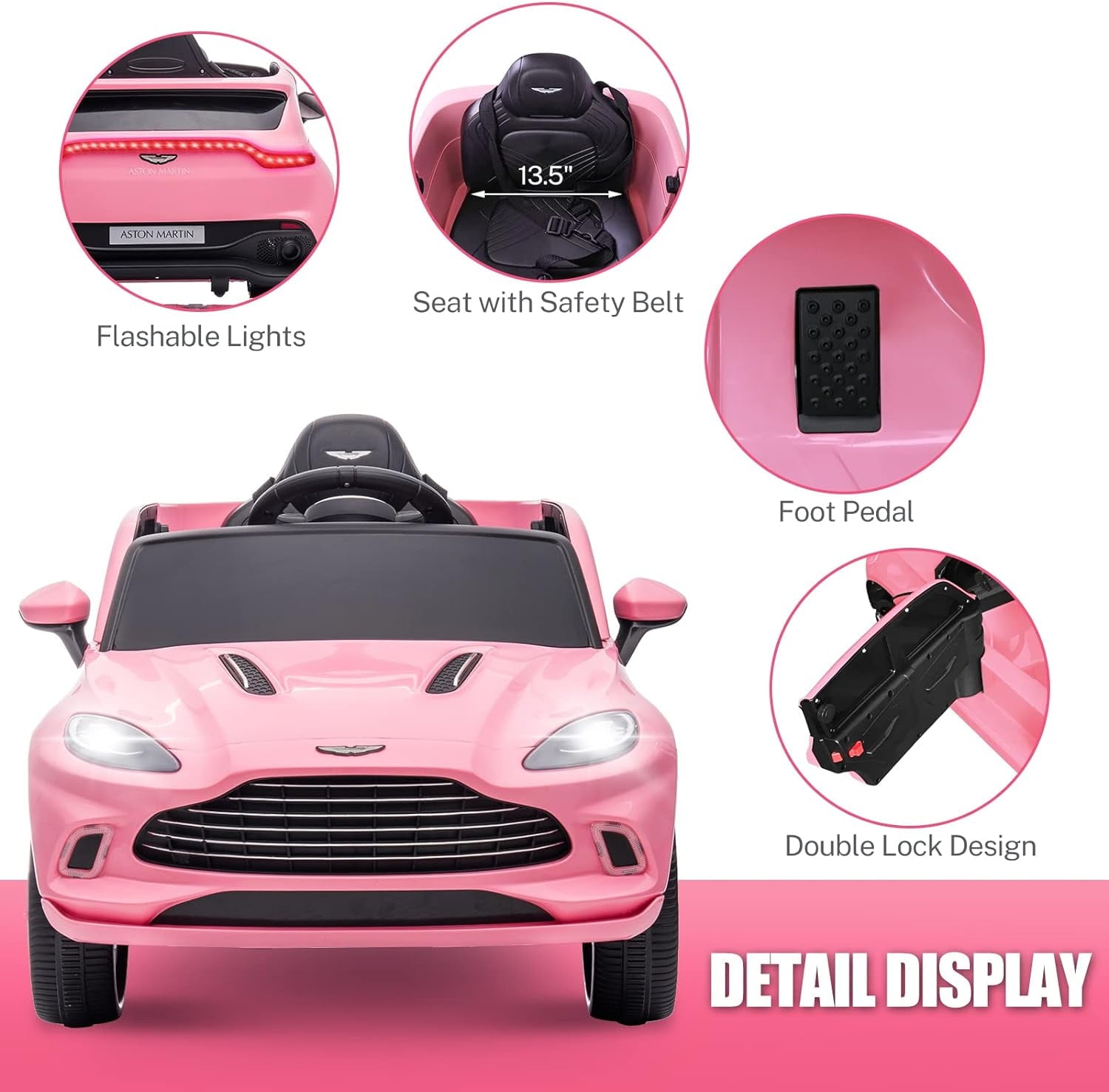 Track 7 12V Kids Ride on Car, Licensed Aston Martin Electric Car for Boys Girls Age 3+, Remote Control, Music, USB, Portable Handle, Pink