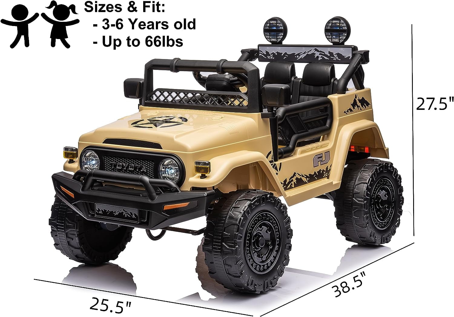 Track 7 Kids Ride on Truck, 12V Licensed Toyota FJ Cruiser Electric Car for Kids Age 3+, Ride on Car w/Remote Control, Power Display, Music, Khaki