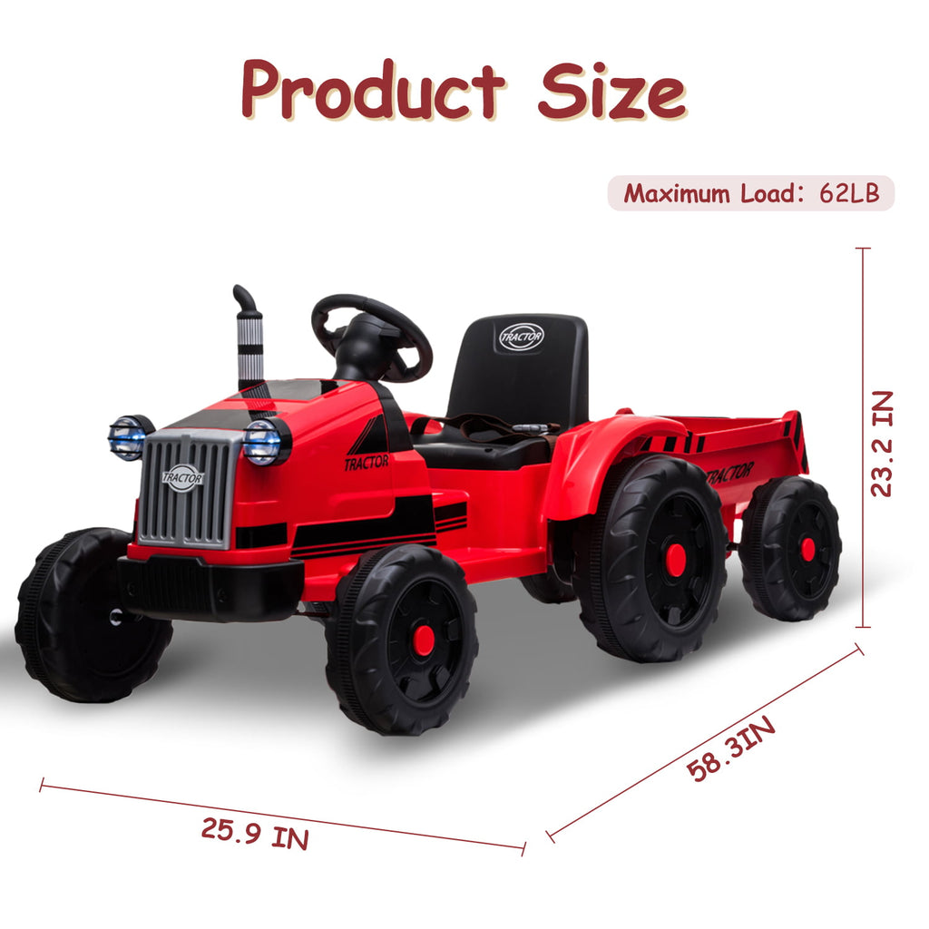 Track 7 12V Ride on Tractor with Trailer, 6-Wheel Electric Truck for Boys Girls, Kids Ride on Car with Remote Control, Music, Lights, Red