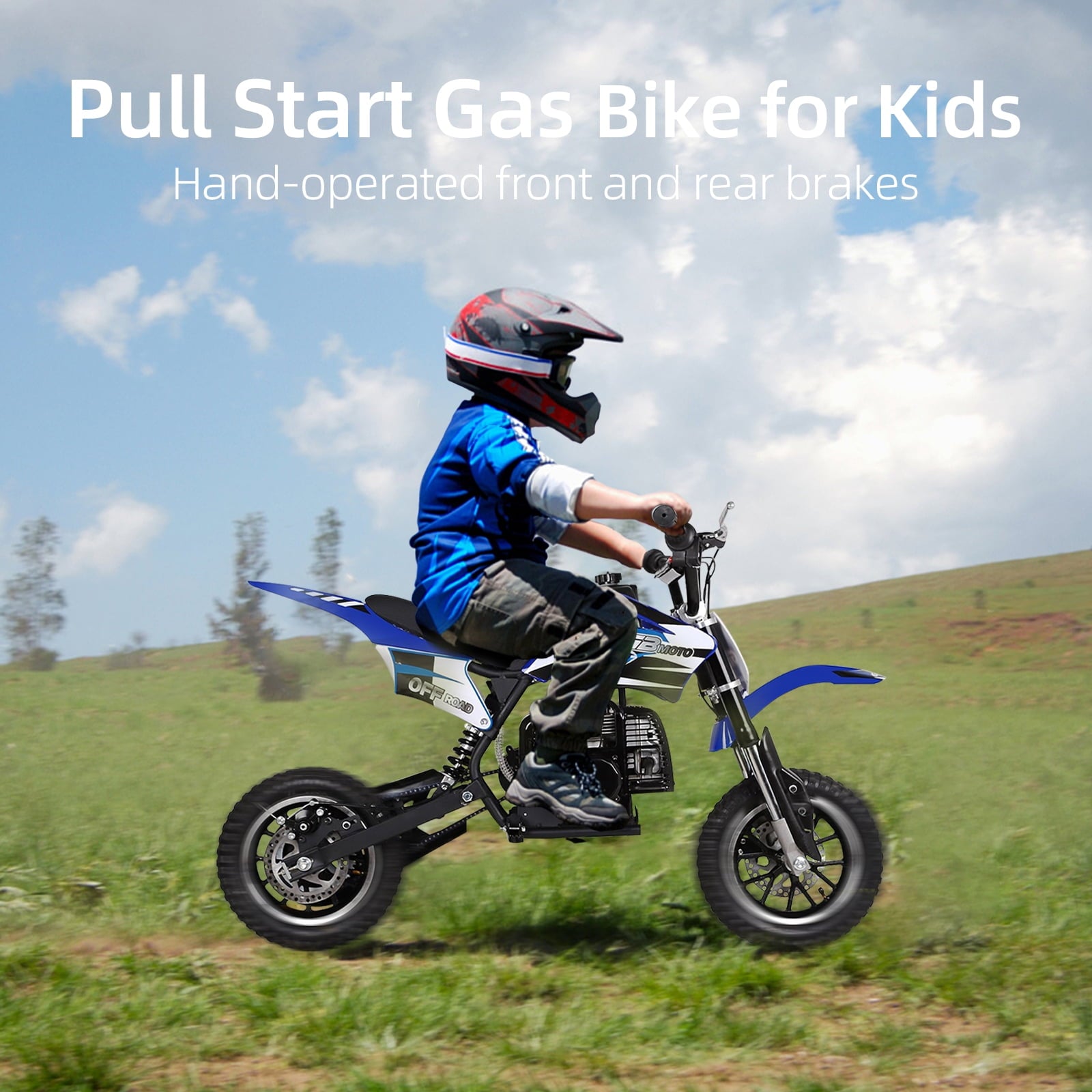 Track 7 49CC 2-Stroke Kids Dirt Bike, Off Road Gas Motorcycle, Up to 20Mph, Gas Dirt Bike w/Rear Suspension, Pull Start, Front & Rear Disc Brake, Blue