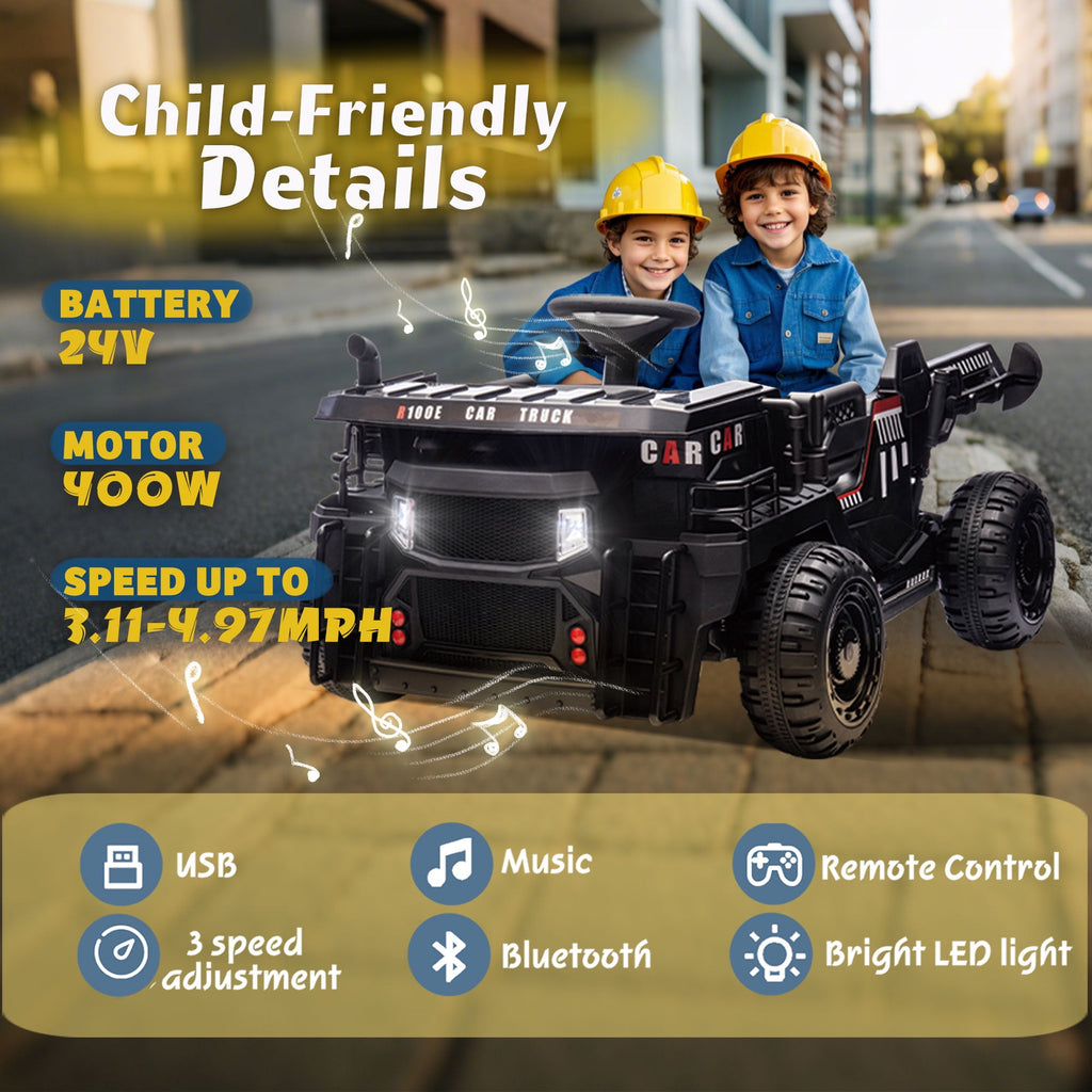 Track Seven 24V Ride on Car, 2-Seater Kids Ride on Dump Truck with E-Rear Dump, Remote, Bluetooth, LED Lights, 19.69" Width Seat, Max 5mph, 400W Motor, Electric Car for Boys Girls Age 3+, Black