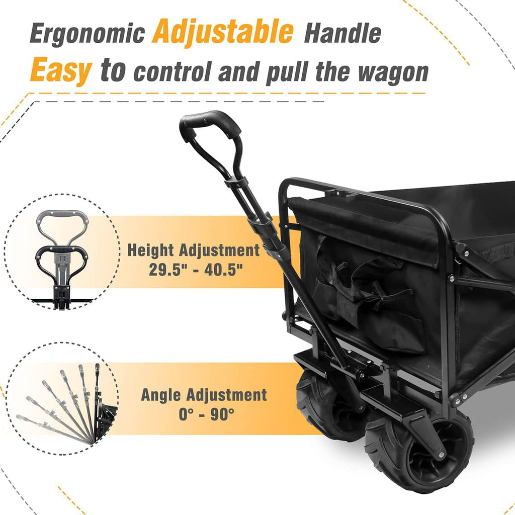 COOKCOK Collapsible Heavy Duty Wagon Cart, Outdoor Folding Utility Camping Garden Beach Cart with Universal Wheels & Adjustable Handle Shopping, Black