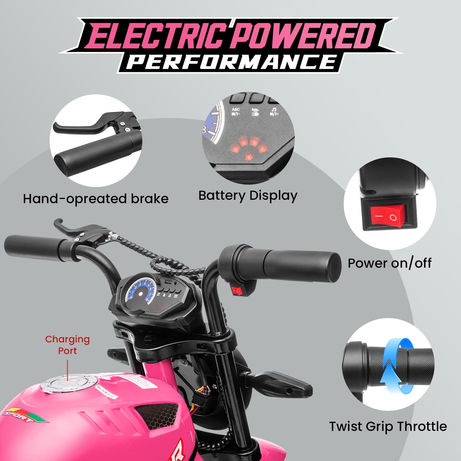 Track Seven 24V Electric Motorcycle for Kids, 300W Electric Dirt Bike Up to 11 MPH, Twist-Grip Throttle, Rear Brake, 14-Inch EVA Tires, Music, Light, Electric Bike for Kids Aged 6+, Pink