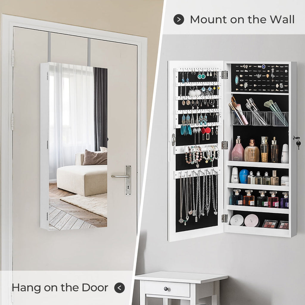 COOKCOK Jewelry Armoire with Full Length Mirror, Wall/Door Mounted Armoire Cabinet, PVC Wood Jewelry Storage for Necklaces, Earrings, Cosmetic, White