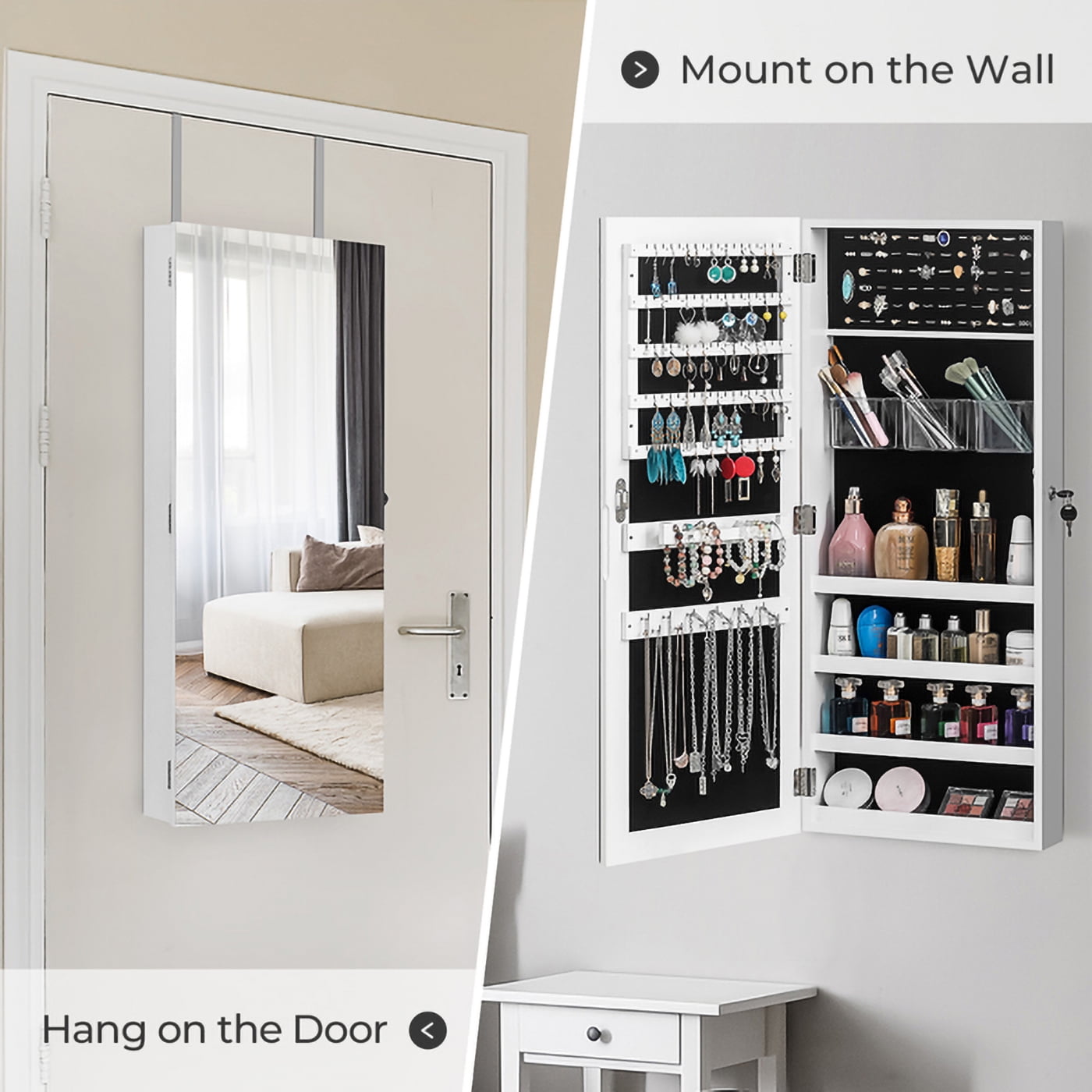 COOKCOK Jewelry Armoire with Full Length Mirror, Wall/Door Mounted Armoire Cabinet, PVC Wood Jewelry Storage for Necklaces, Earrings, Cosmetic, White