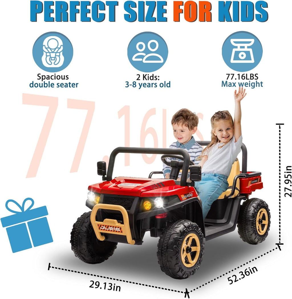 Track 7 24V 2 Seater Ride on Car, 25.79" Width Large Seat, 24V Ride On UTV w/Remote Control, Automatic Tipping Bucket, Bluetooth, Portable Handle, Electric Car Truck for Boys Girls Age 3+, Red