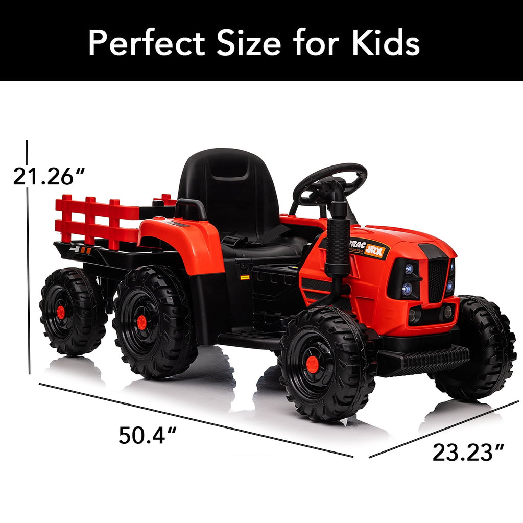Track 7 12V Ride on Tractor with Trailer, 3-Gear-Shift Ground Loader, Kids Ride on Car with Remote Control, Bluetooth, Music, LED Lights, Electric Car for Boys Girls, Red