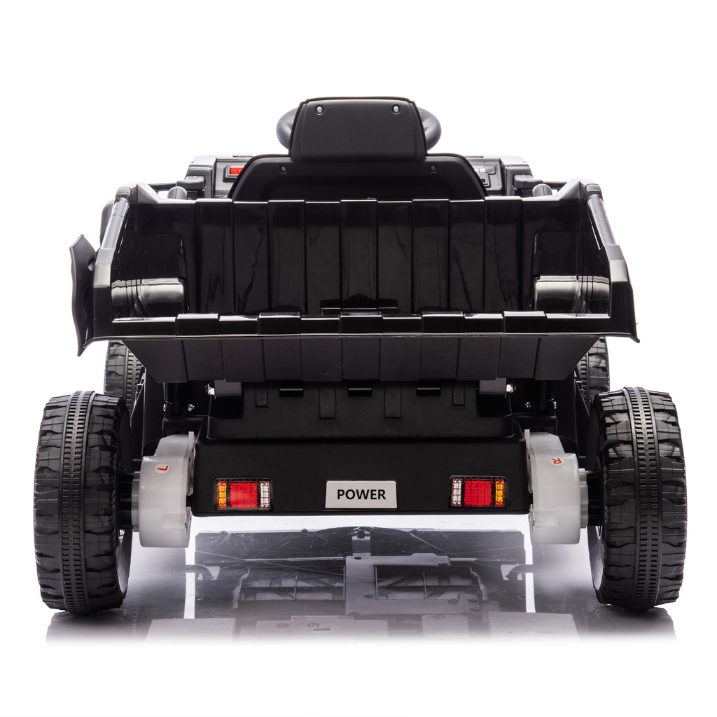 Track Seven 12V Electric Ride-On Dump Truck, Parental Remote Control, 2WD Rear-Wheel Suspension, Electric Dump Bed & Bonus Shovel, Bluetooth Multimedia, Adjustable Volume & Speed, LED Lighting, Black
