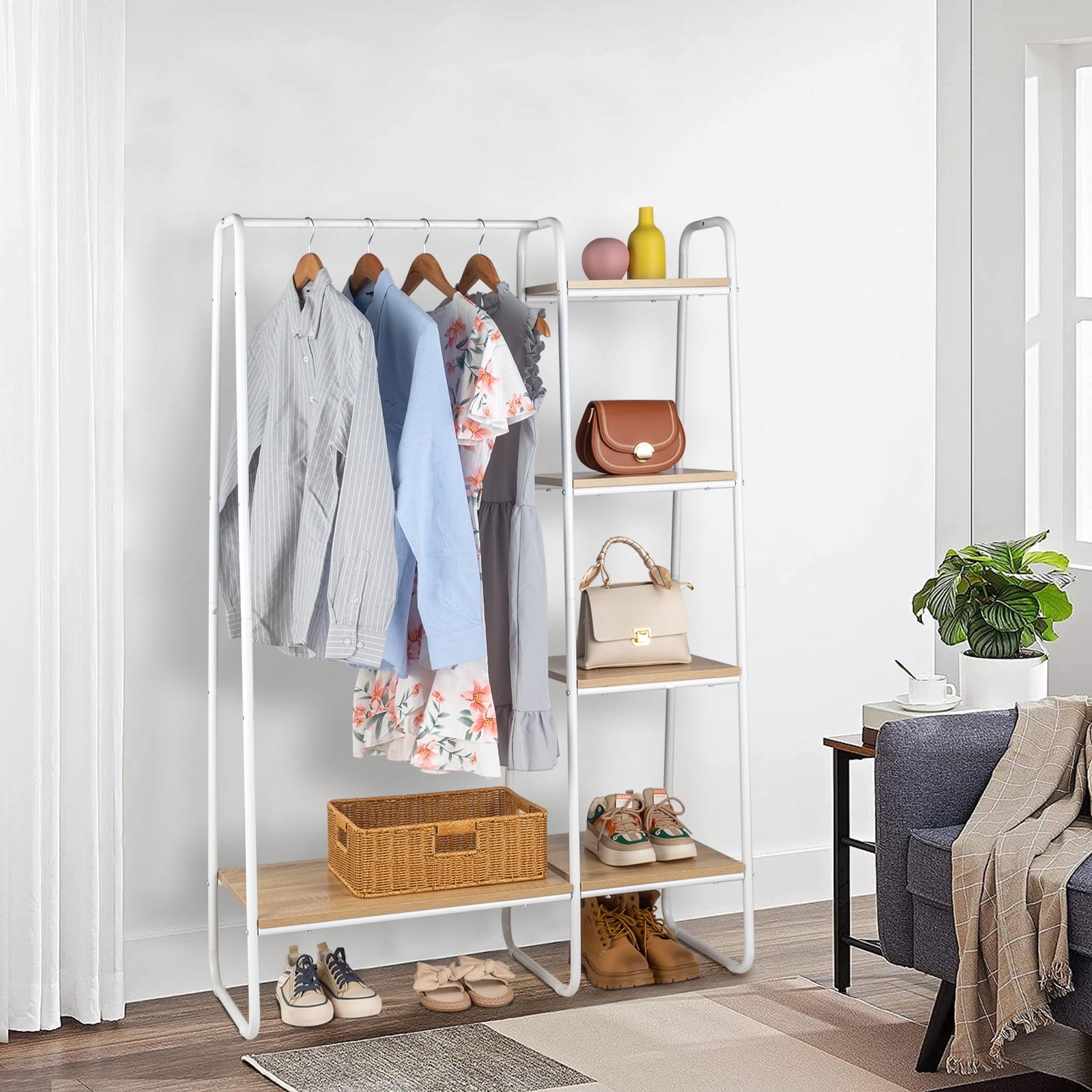COOKCOK Clothing Rack Garment Rack with Shelves Wardrobe Rack Freestanding Closet Racks with Metal Hanger Rod and 4-Tier Wood Shelves Heavy Duty Clothes Rack for Bedroom Living Room Entryway, White