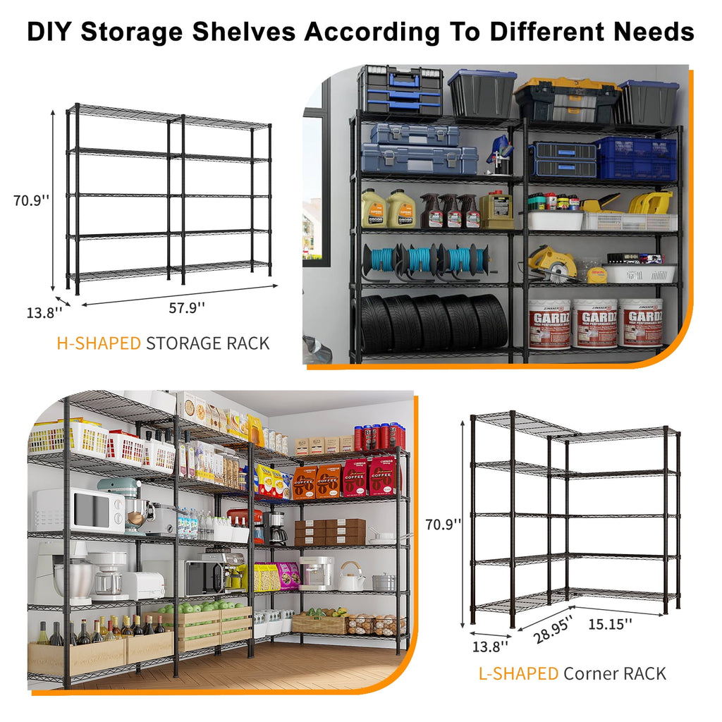 COOKCOK 5-Tier Metal Storage Shelves, Heavy Duty Wire Rack Shelving Unit for Garage Kitchen Storage, 13.8"D x 58"W x 71"H Adjustable Shelf for Basement & Pantry Room Organization, Easy Assembly