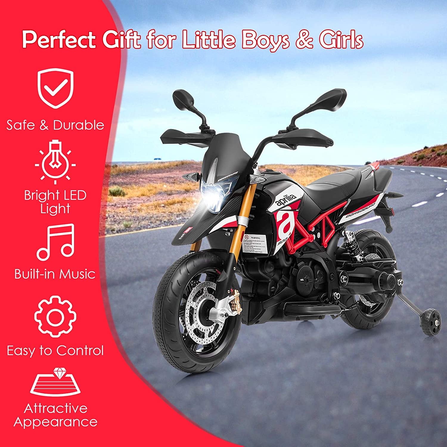 Track 7 Kids Motorcycle,12V Ride on Motorcycle w/Training Wheels,Electric Motorcycle Toy Headlight & Music
